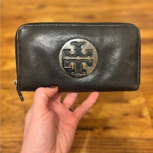 Tory Burch Black Leather Logo Wallet with Silver Emblem